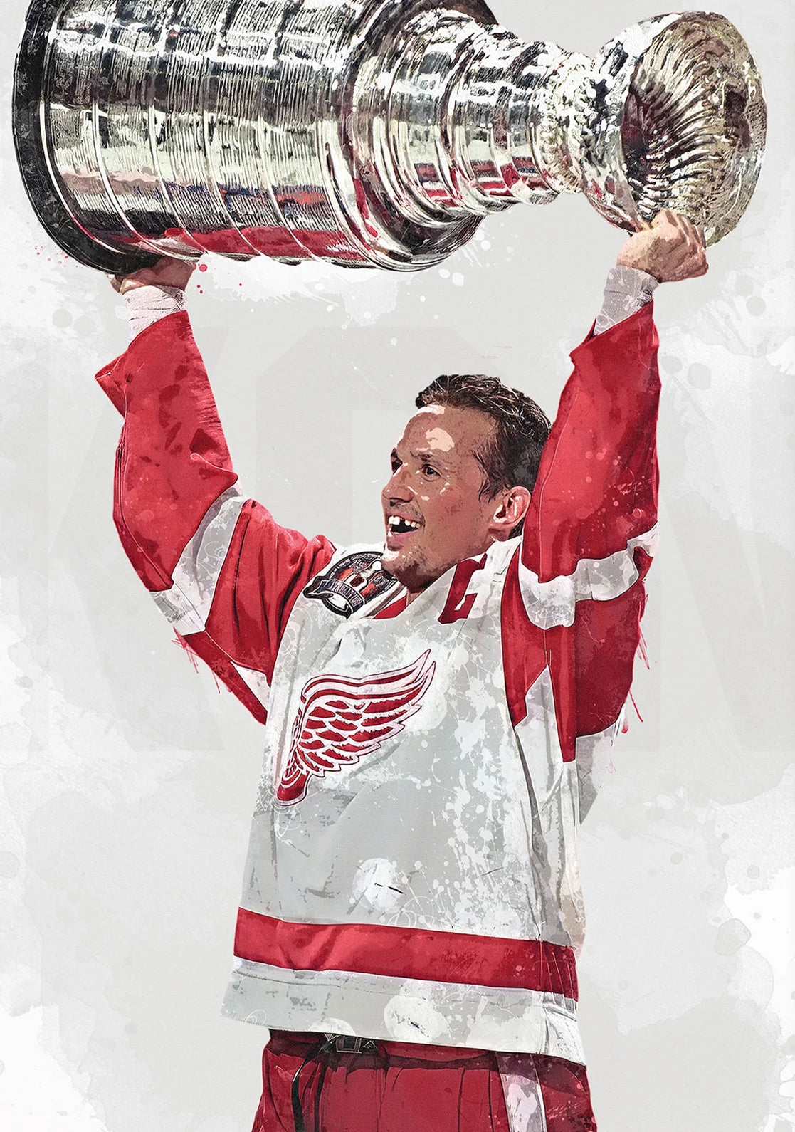Person in a hockey jersey holding the Stanley Cup against a white background