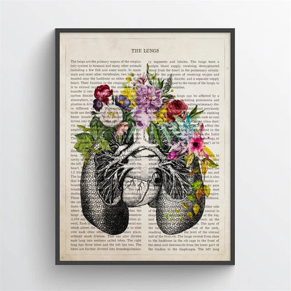 Framed artwork of lungs with floral elements on a book page background