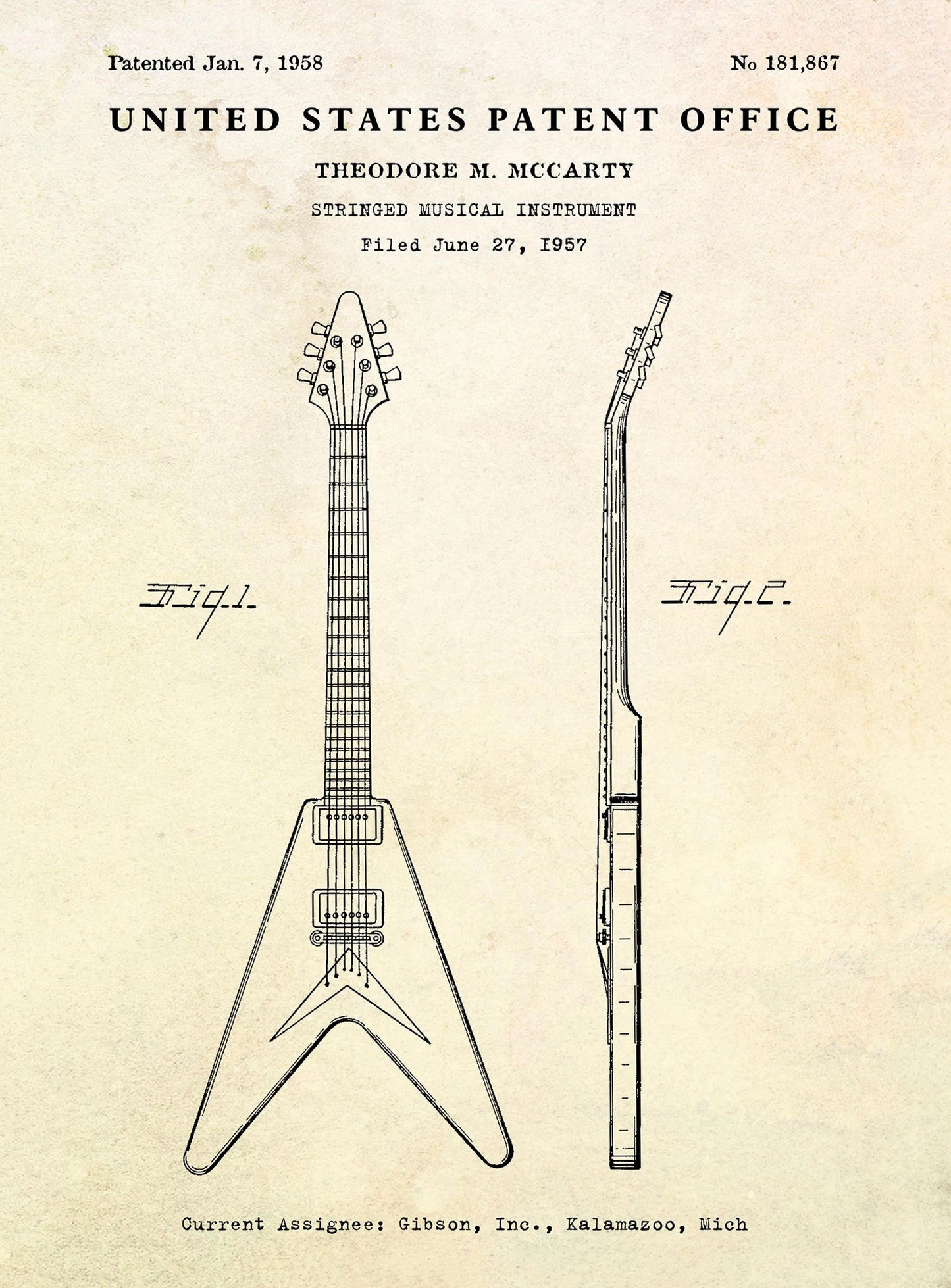 Gibson guitar patent illustration with 'United States Patent Office' text on a beige background