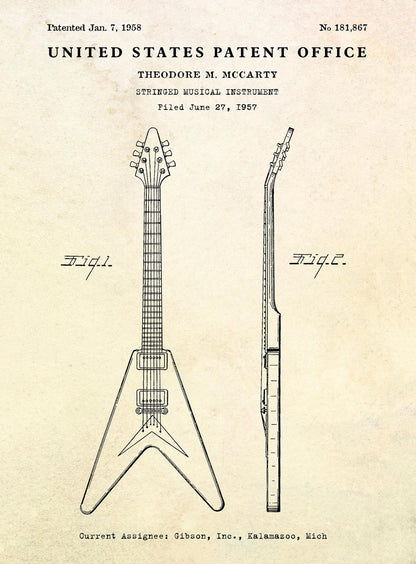 Gibson guitar patent illustration with 'United States Patent Office' text on a beige background