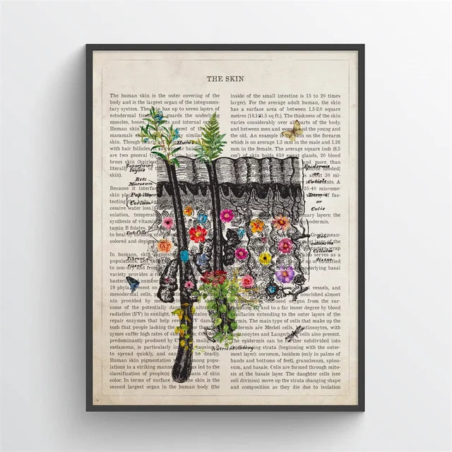 Framed artwork of a stylized hand with flowers on an old book page background