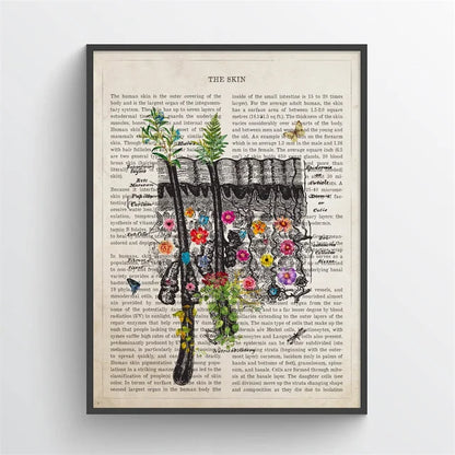 Framed artwork of a stylized hand with flowers on an old book page background