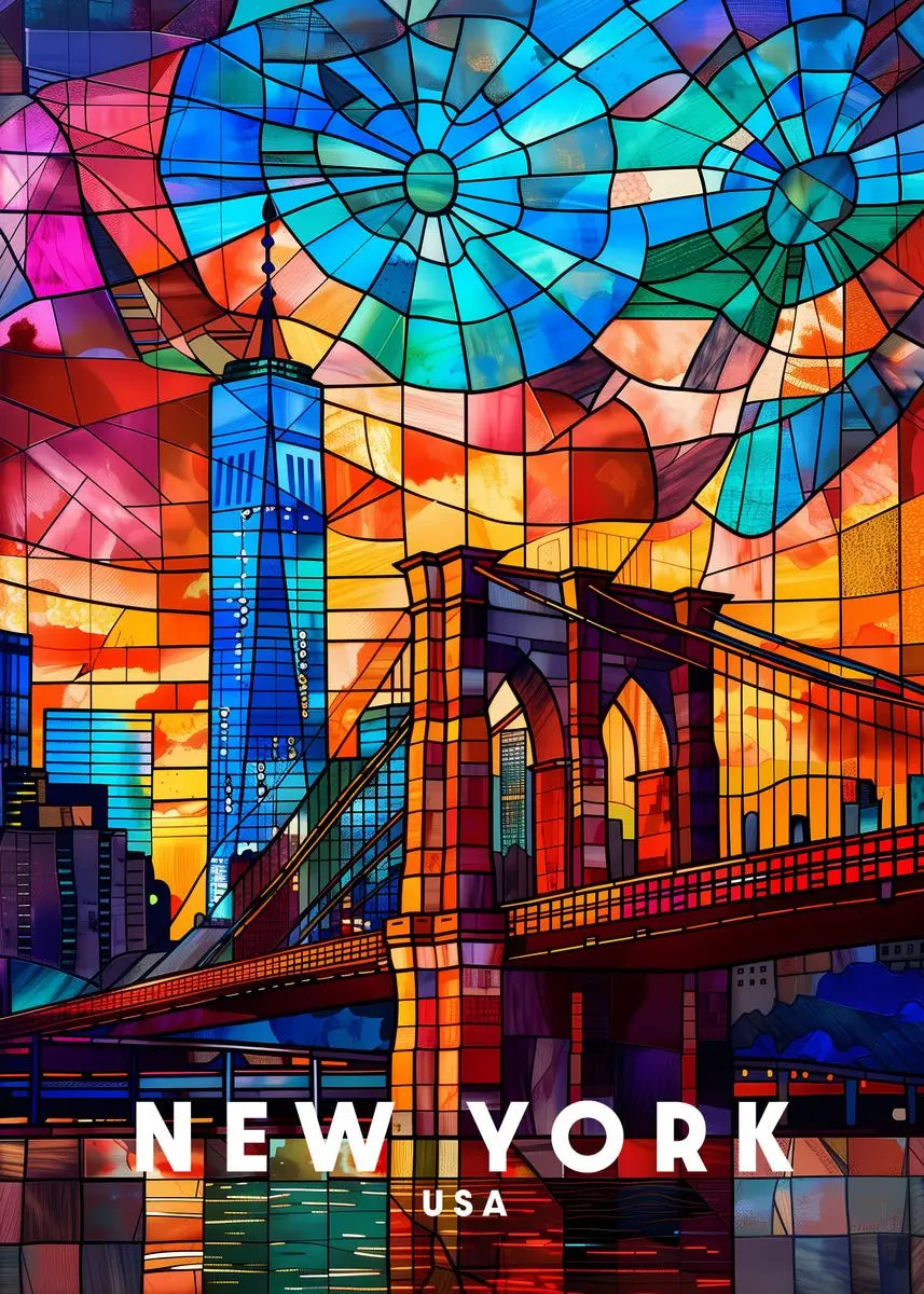 Colorful stained glass-style depiction of New York City with the Empire State Building and Brooklyn Bridge.