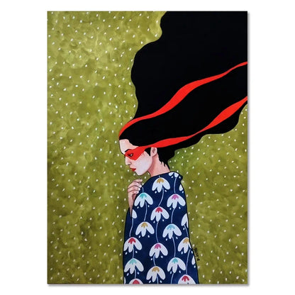 Illustration of a woman with red hairband and floral dress against a green background