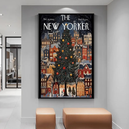 Framed New Yorker magazine cover with Christmas tree and cityscape on a wall.