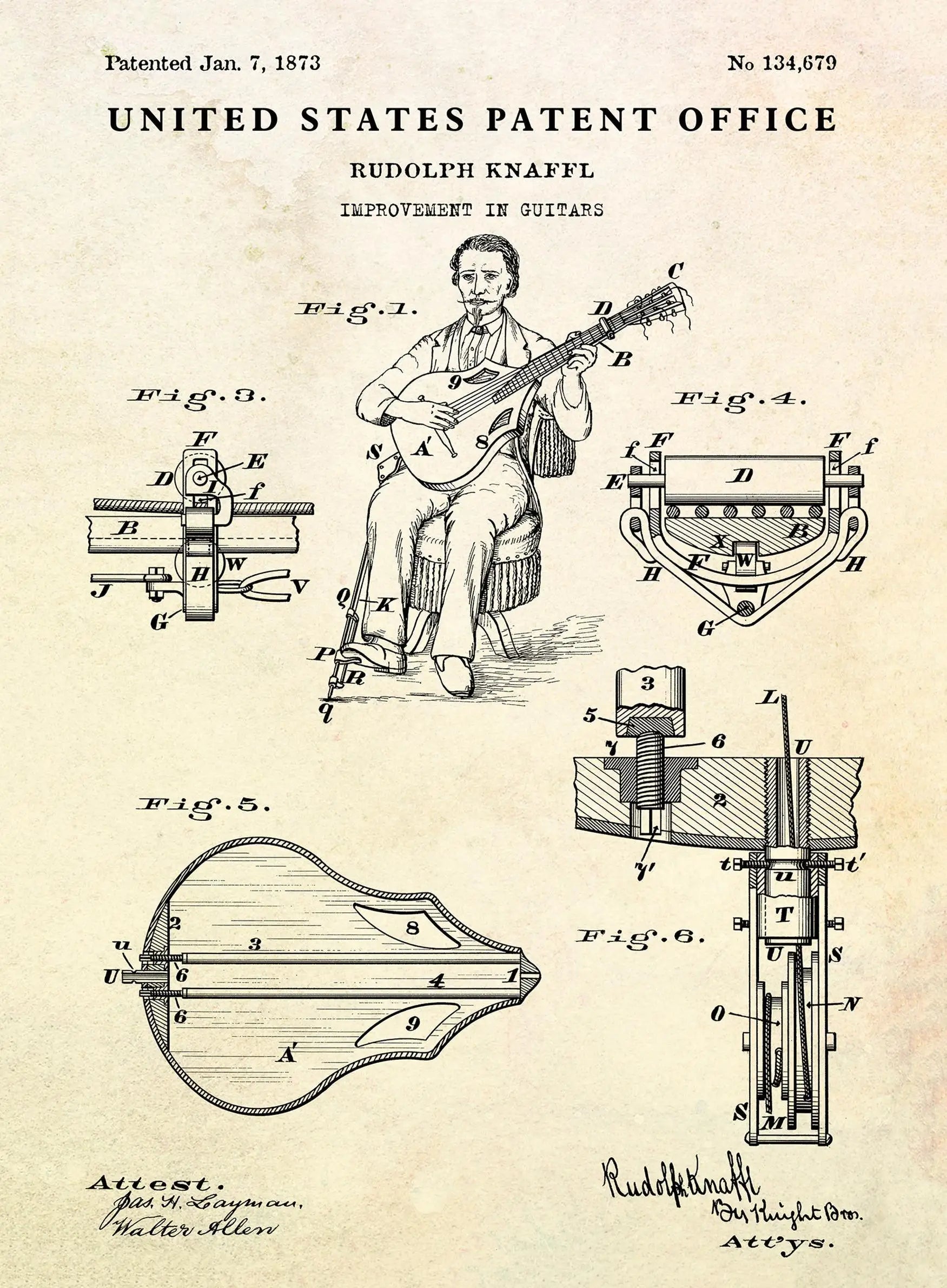 Patent illustration for an improvement in guitars by Rudolph Knaffl, featuring diagrams and a person playing guitar.