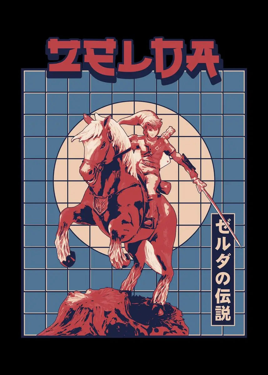 Vintage-style poster of a character on horseback with 'Zelda' branding.