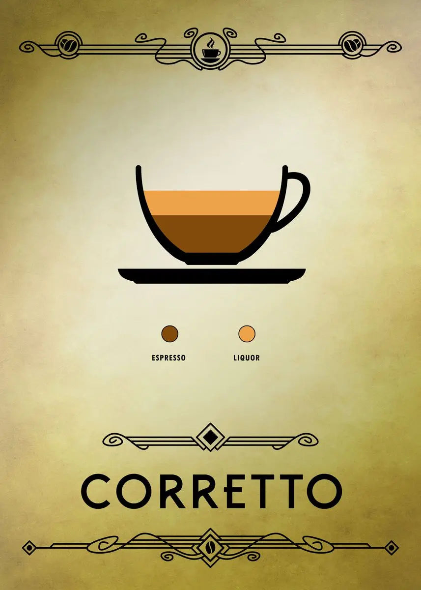 Illustration of a coffee cup with espresso and liquor layers on a beige background, featuring the word 'Corretto'.