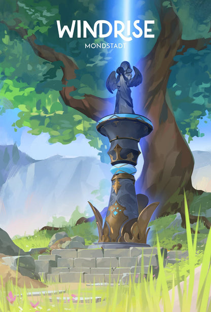 Stylized artwork of a statue in a forest with 'Windrise' branding.