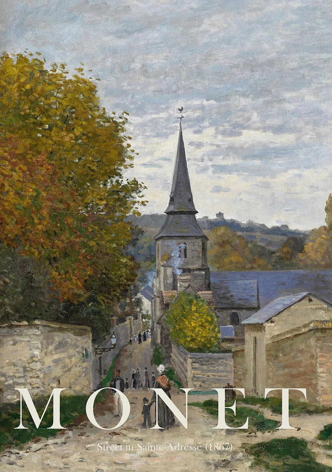 Painting of a village street with a church spire, labeled 'Monet'.