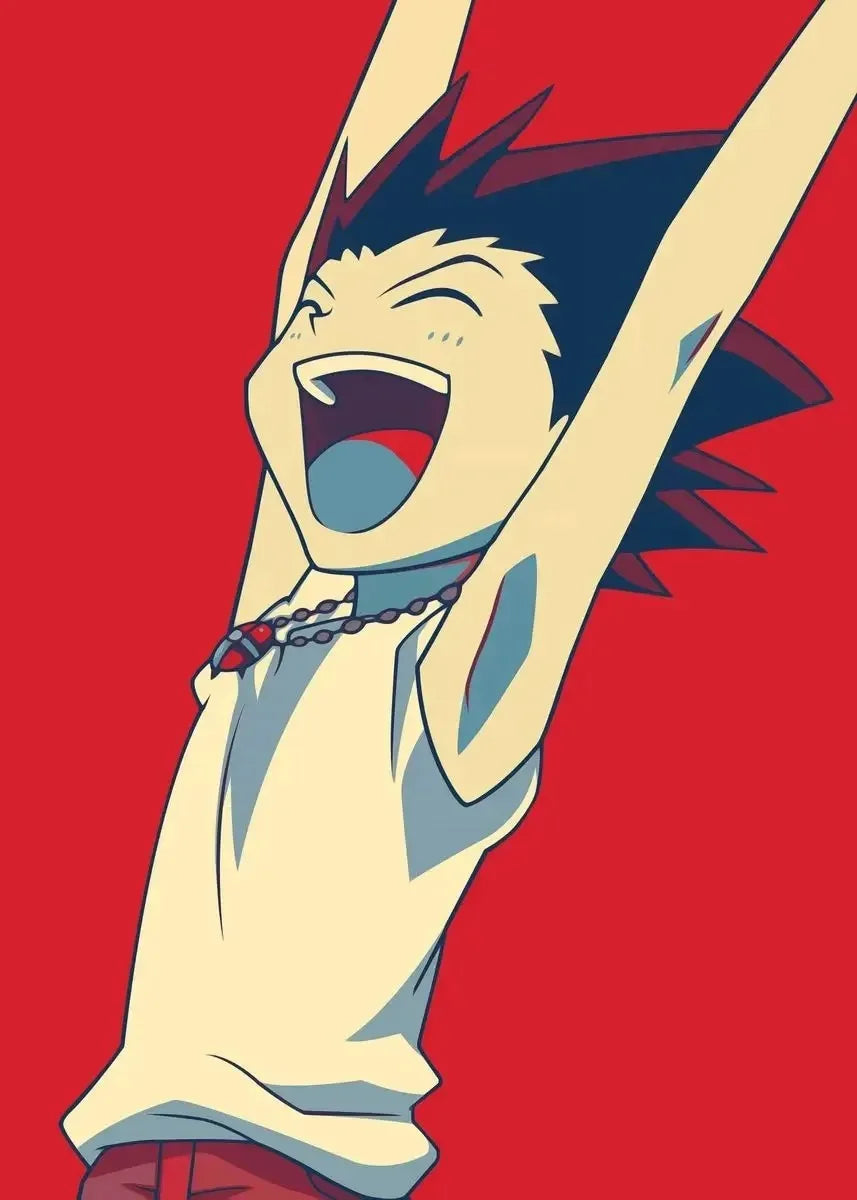 Animated character with arms raised against a red background