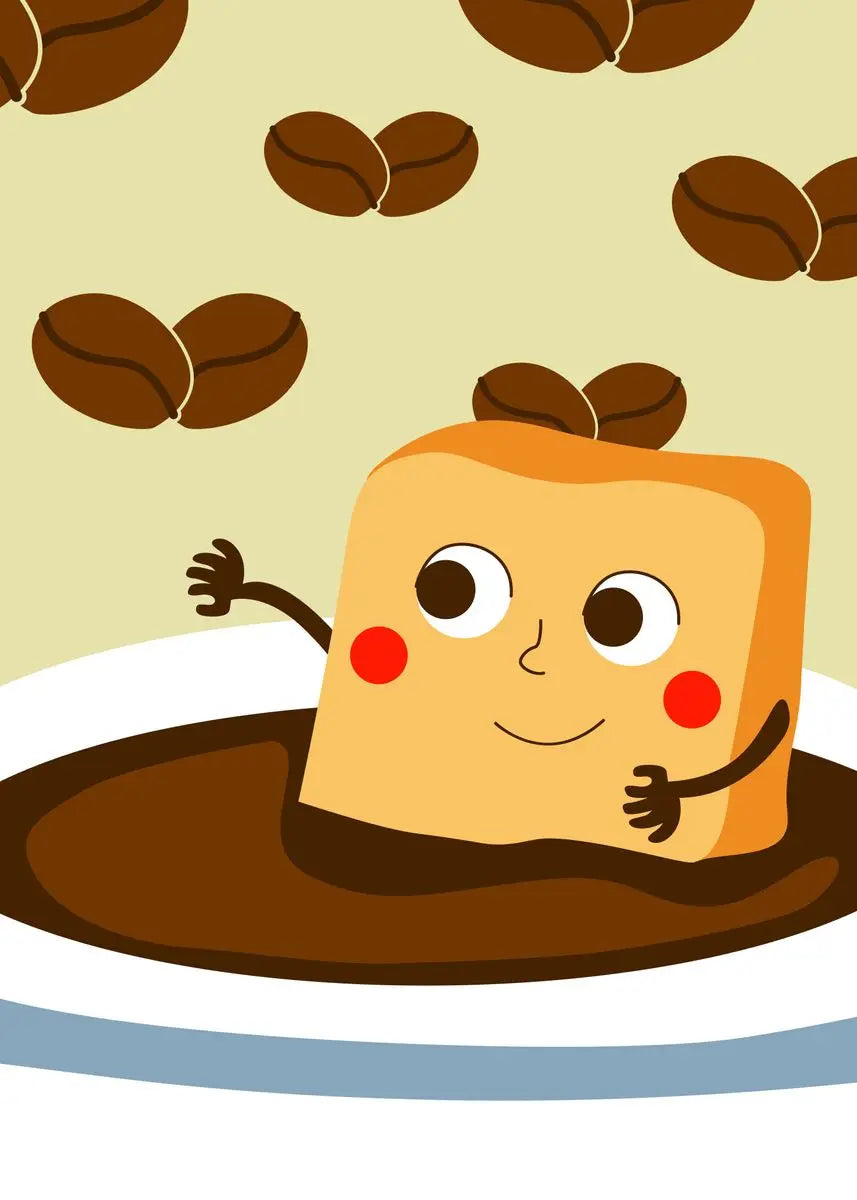 Cartoon marshmallow character in a cup of coffee with coffee beans around