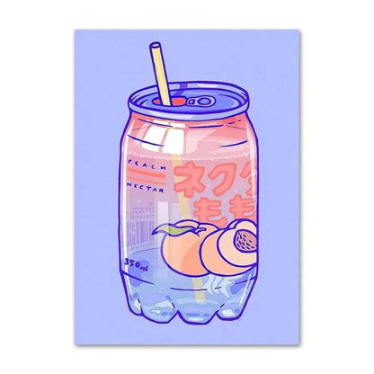 Illustration of a peach nectar drink can with peaches on a light purple background