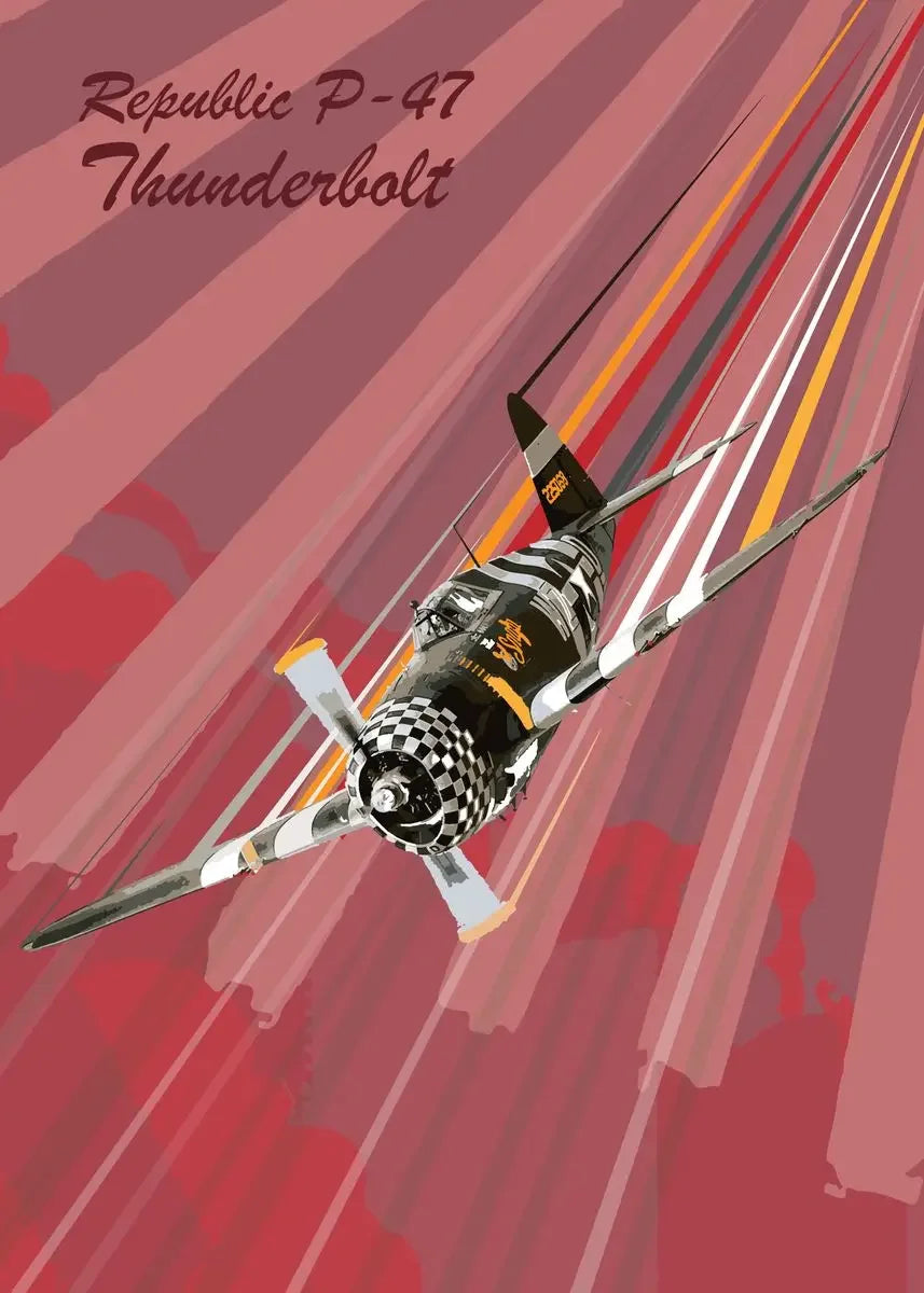 Republic P-47 Thunderbolt airplane on a red and orange abstract background