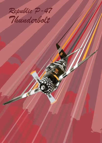 Republic P-47 Thunderbolt airplane on a red and orange abstract background