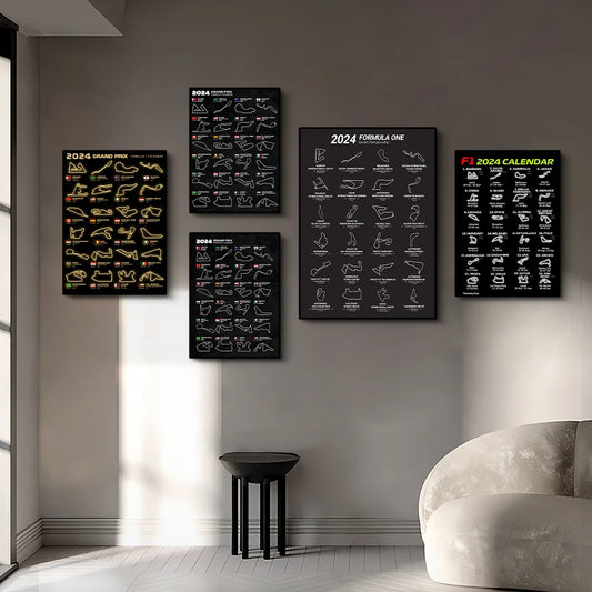 Five Formula One-themed posters on a gray wall with a modern chair and side table. Canvas & Curio