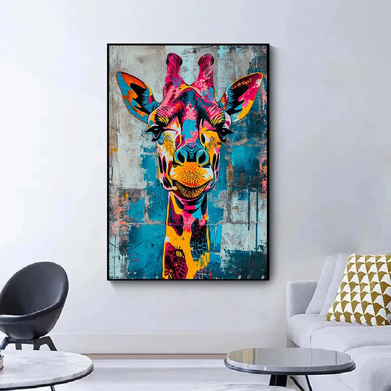 Colorful giraffe painting on a wall in a modern living room.