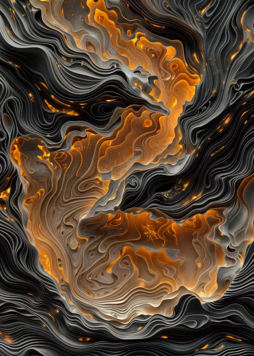 Abstract art with wavy patterns in black, orange, and gray.