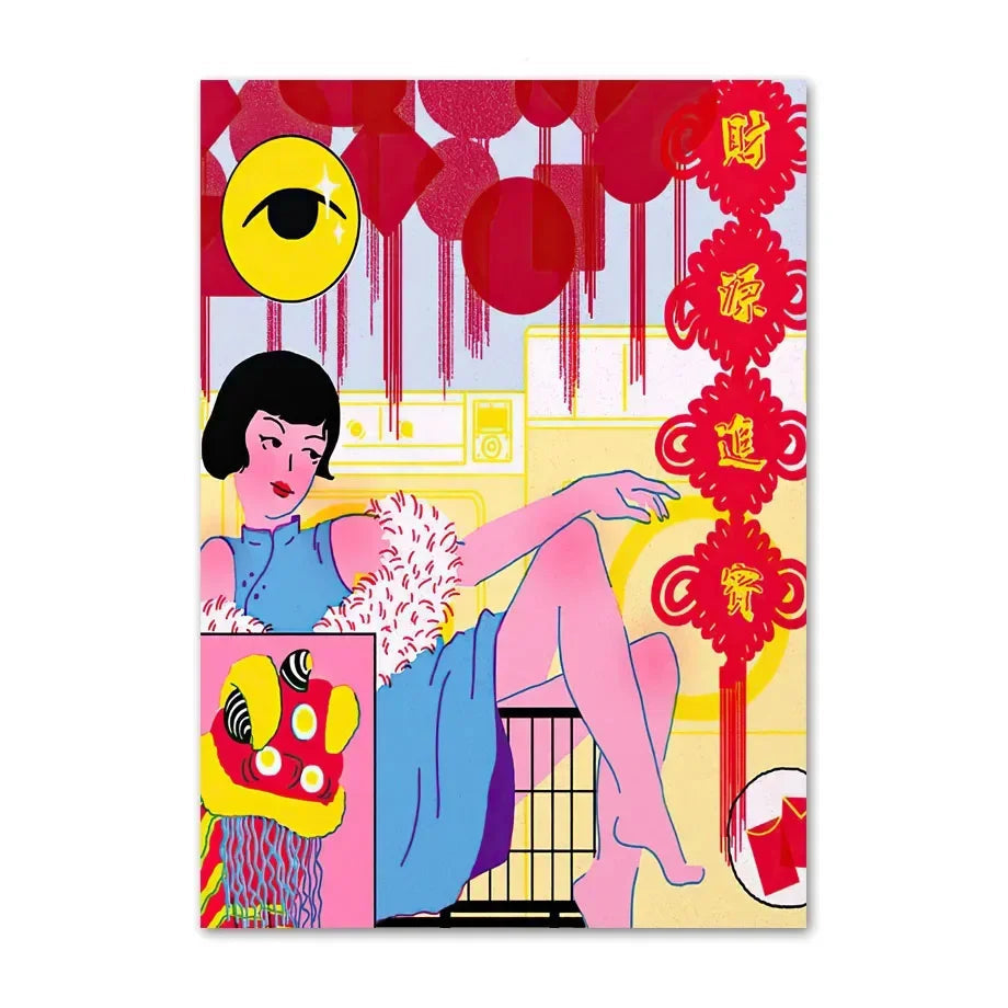 Colorful illustration of a woman with decorative elements on a white background