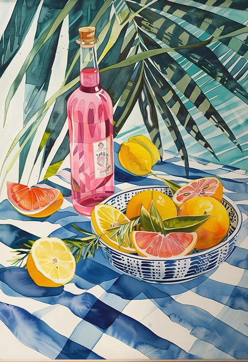 Still life with pink bottle, lemons, and oranges on a blue and white checkered tablecloth with palm leaves.