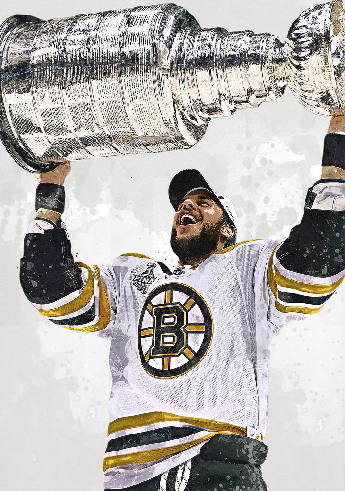 Hockey player holding the Stanley Cup against a light gray background