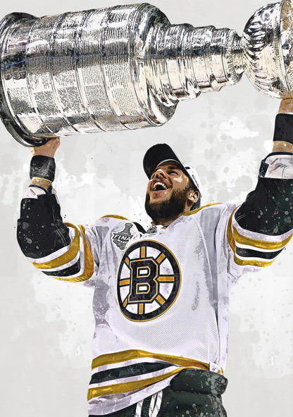 Hockey player holding the Stanley Cup against a light gray background