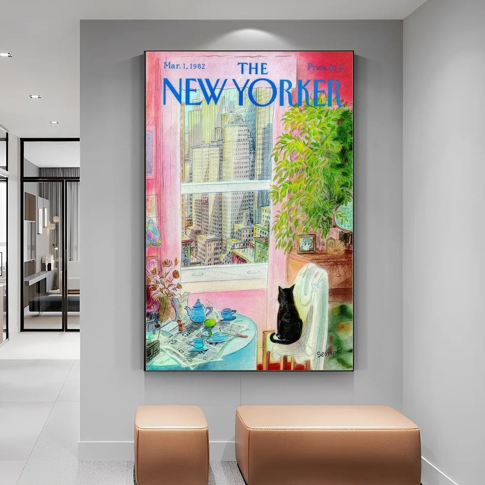 Framed New Yorker magazine cover with a cat on a chair in a room setting