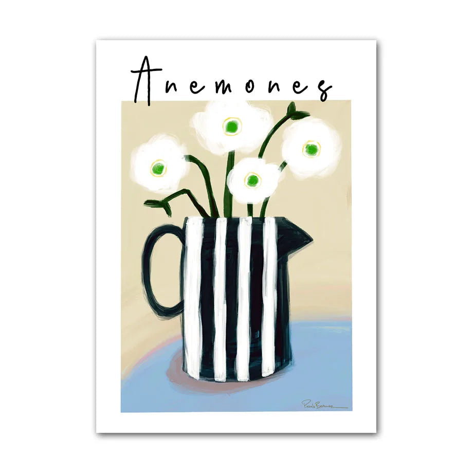 Art print of a black and white striped pitcher with white flowers on a beige background.