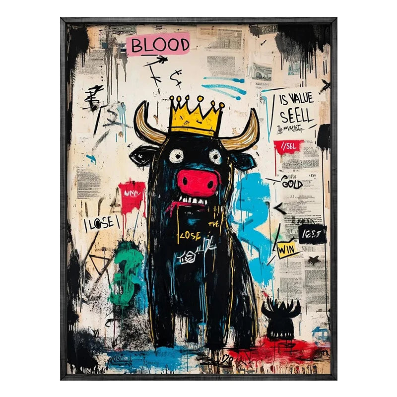 Artistic depiction of a bull with a gold crown on a textured background with text and symbols.