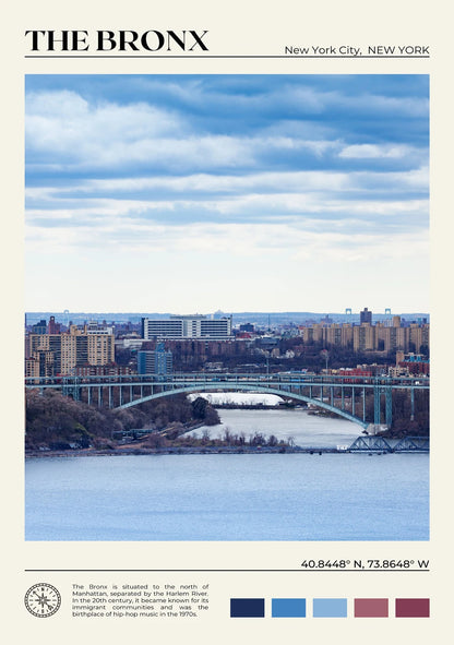 Cityscape of The Bronx, New York City with a bridge over water and buildings in the background.