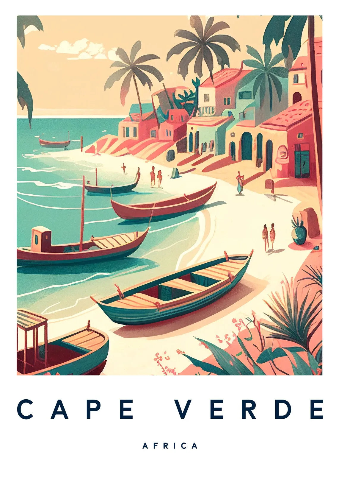 Illustration of Cape Verde with boats on the beach and palm trees.
