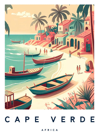 Illustration of Cape Verde with boats on the beach and palm trees.