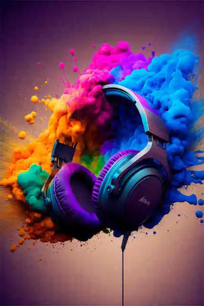 Colorful headphones with a splash of paint on a dark background