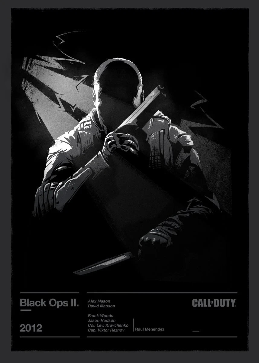 Black and white poster of a character holding a knife with 'Call of Duty' branding.