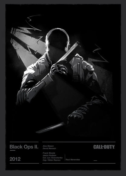 Black and white poster of a character holding a knife with 'Call of Duty' branding.