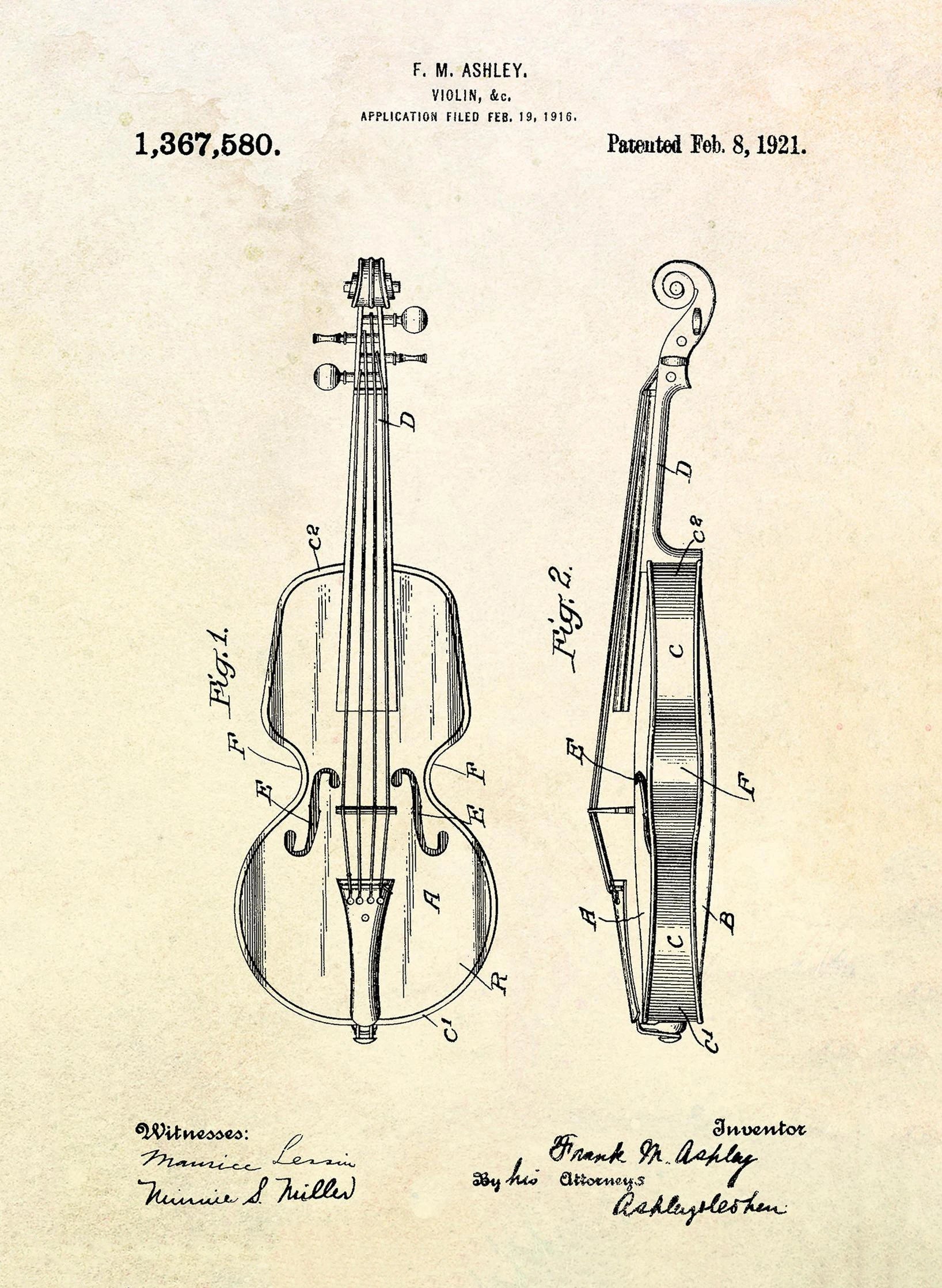 Violin patent illustration with technical details on a beige background
