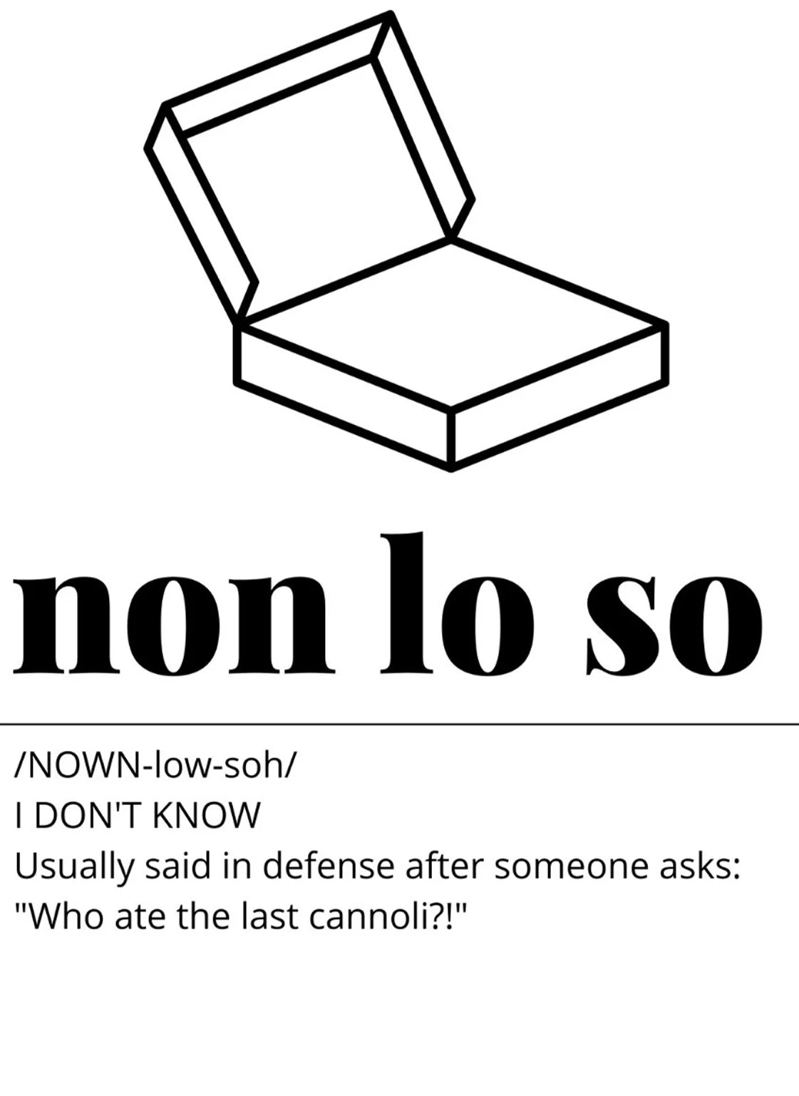 Open jewelry box with text 'non lo so' and definition on a white background