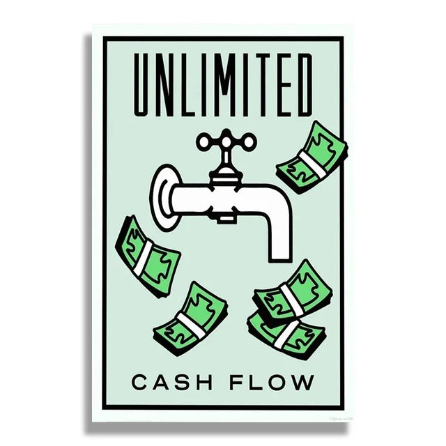 Poster with a faucet and money symbolizing unlimited cash flow on a light green background.
