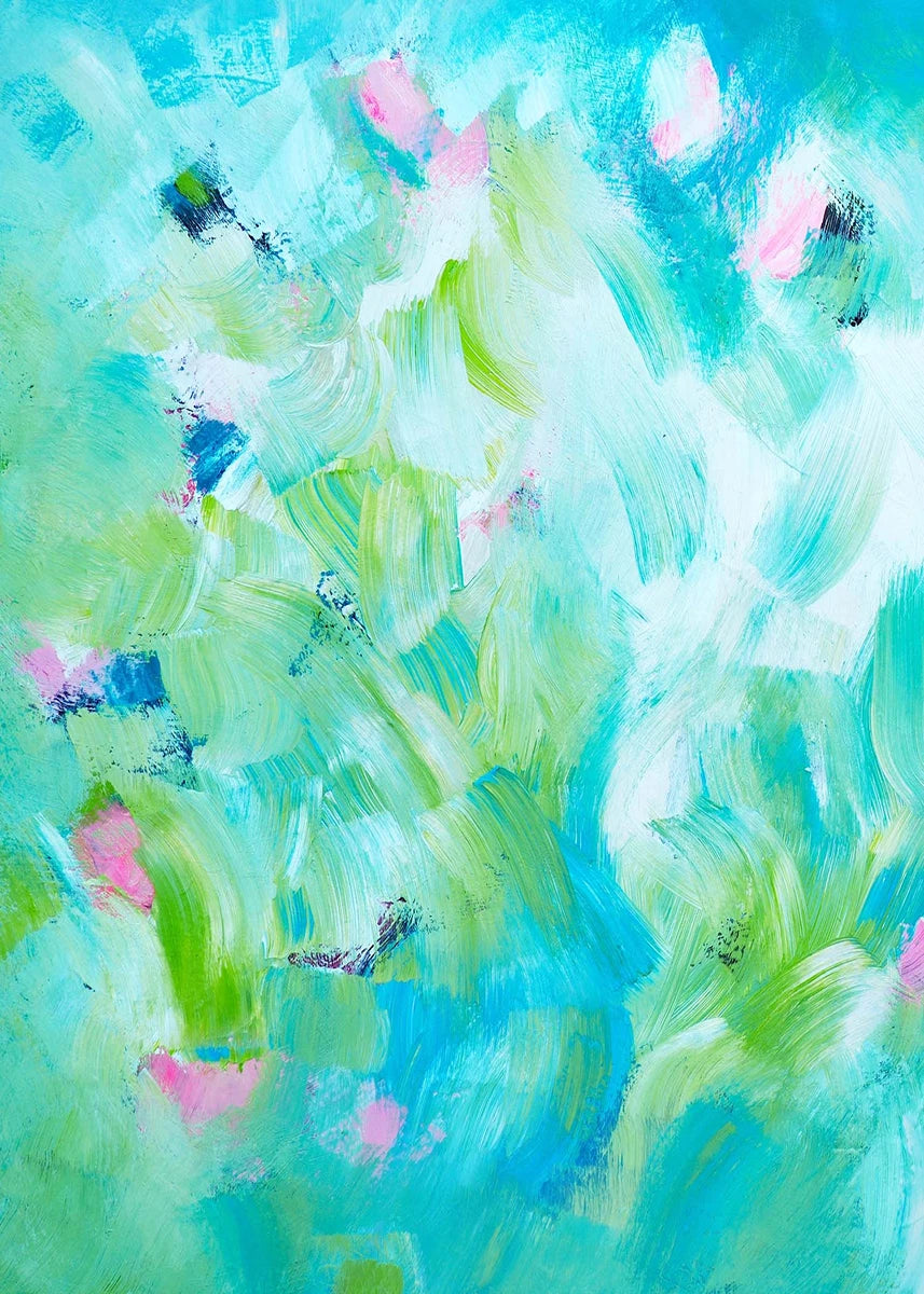 Abstract painting with green, blue, and pink brush strokes on a light blue background