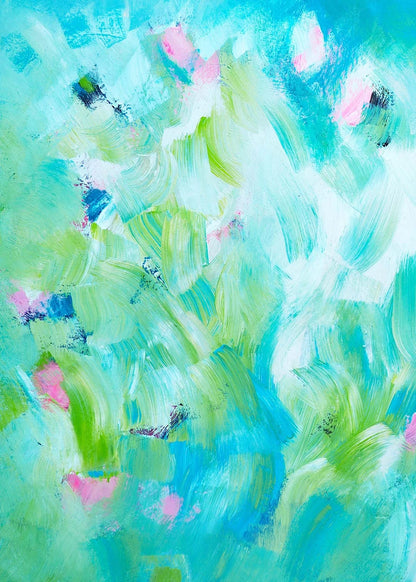 Abstract painting with green, blue, and pink brush strokes on a light blue background