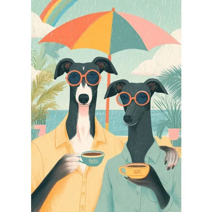 Two dogs wearing sunglasses and holding coffee cups under a colorful umbrella.