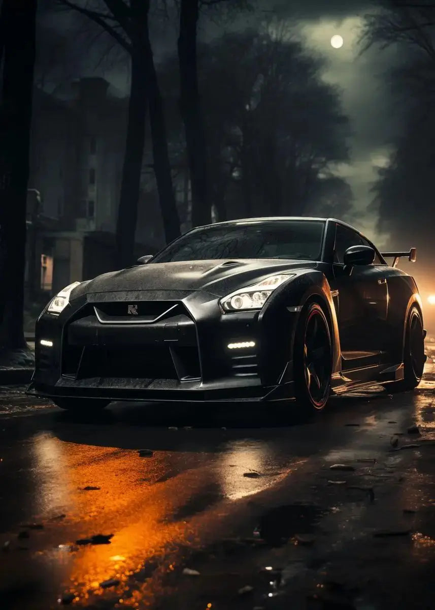 Black sports car on a wet road at night with moonlight