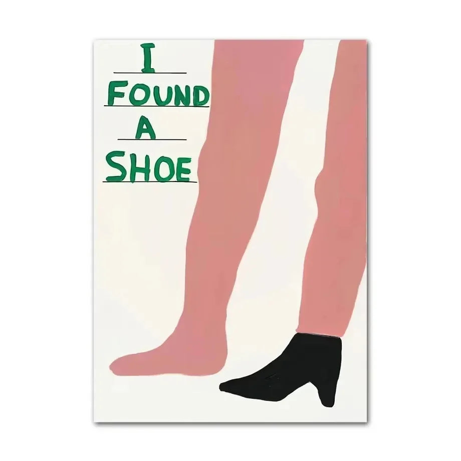 Illustration of legs wearing pink tights and a black shoe with text 'I FOUND A SHOE' on a white background.