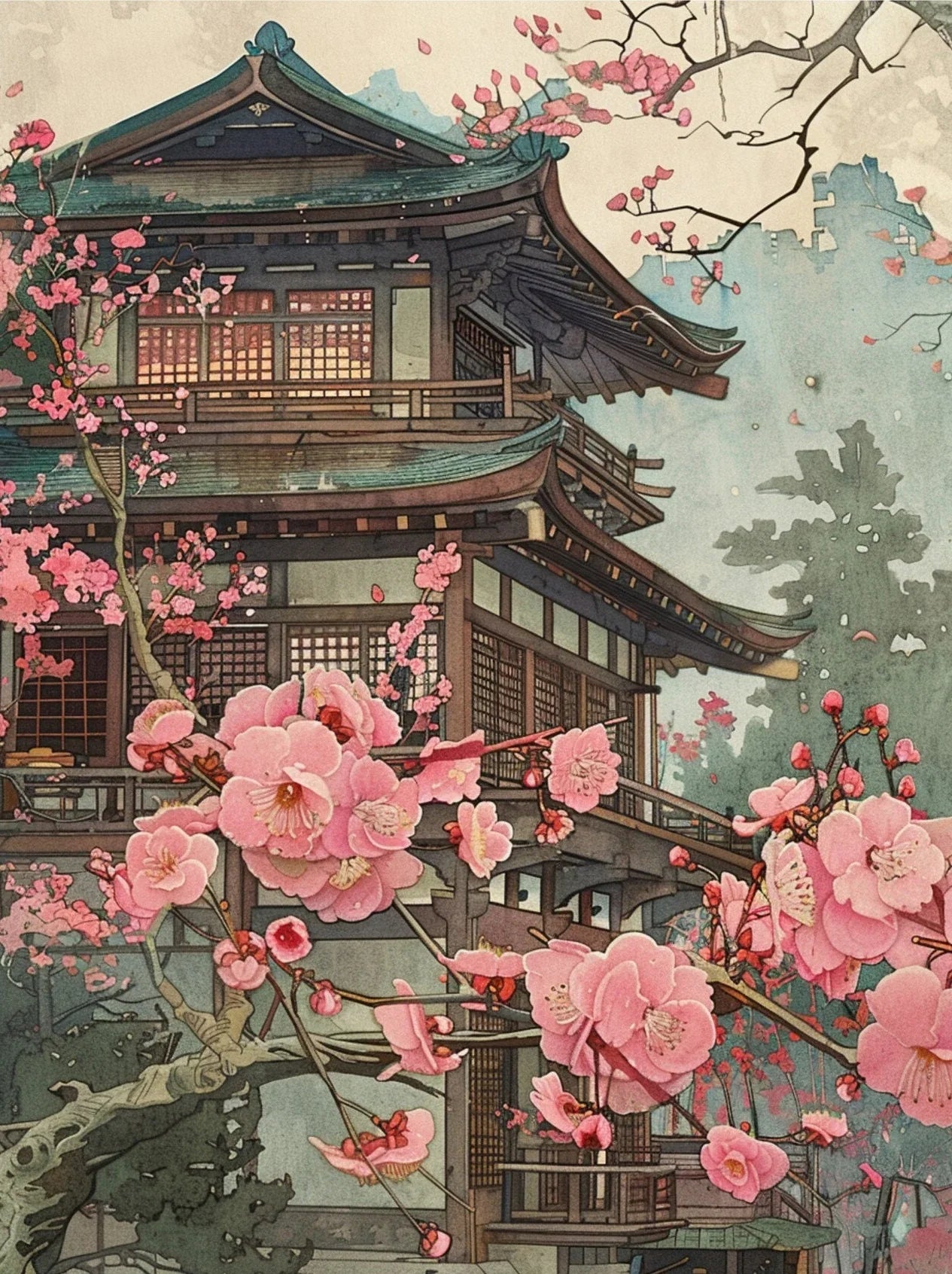 Traditional Japanese building with cherry blossoms in bloom