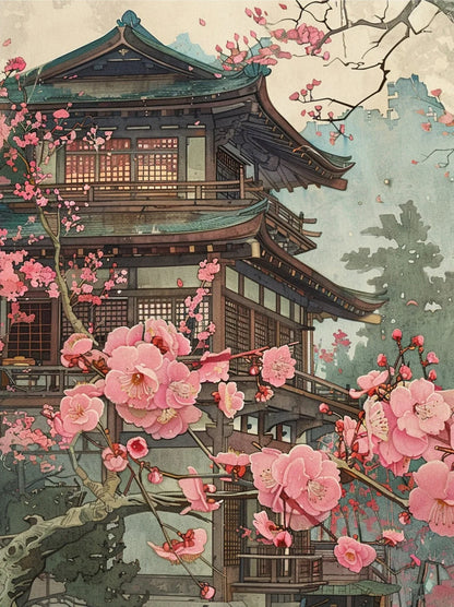 Traditional Japanese building with cherry blossoms in bloom