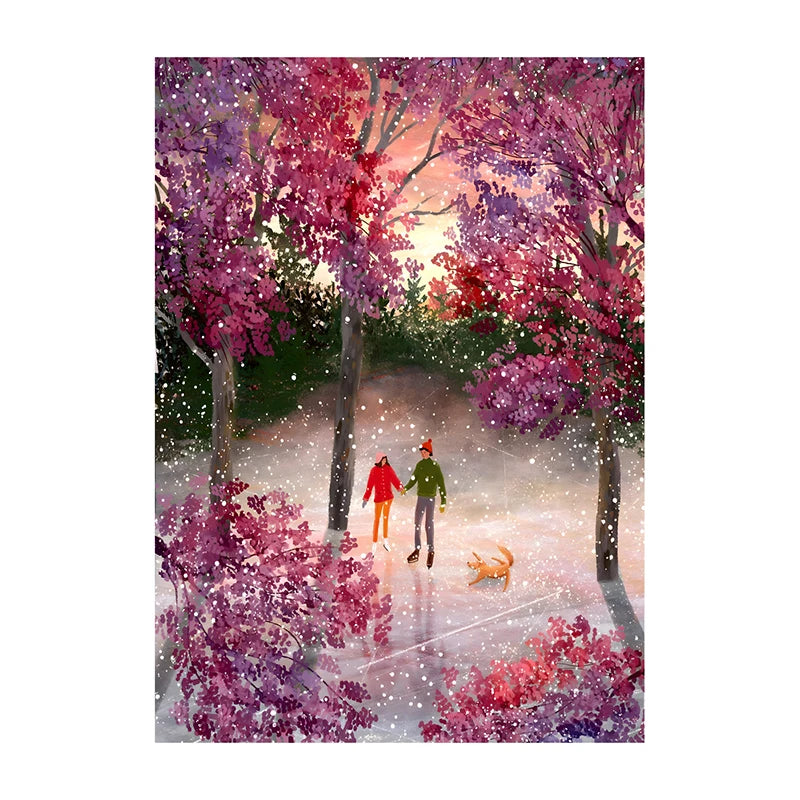 Two people walking a dog in a snowy forest with pink and purple trees.