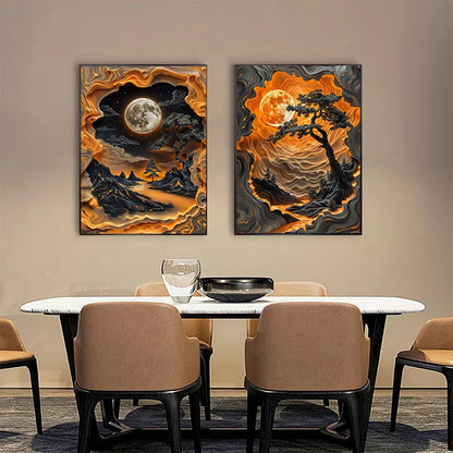 Dining room with two decorative wall art pieces on a beige wall above a table and chairs.