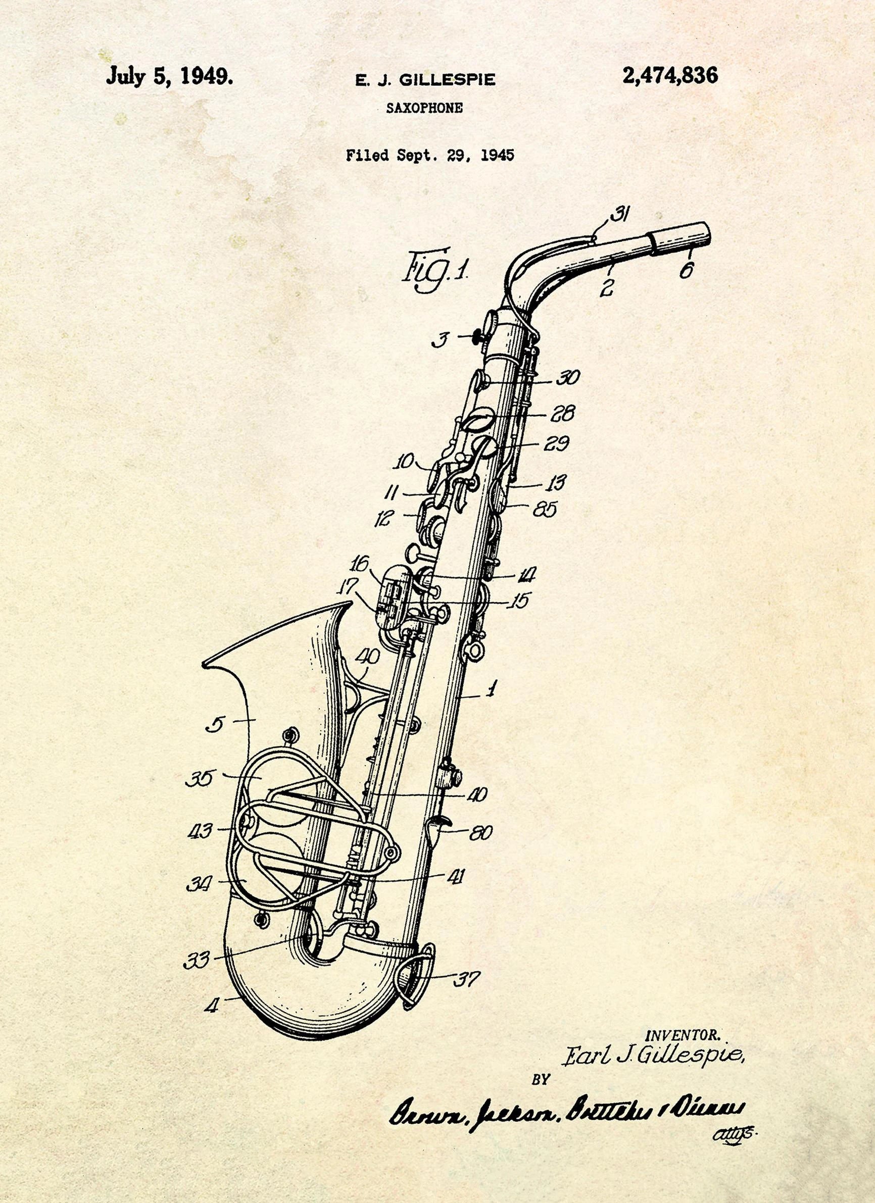 Saxophone patent illustration with detailed diagram on a beige background
