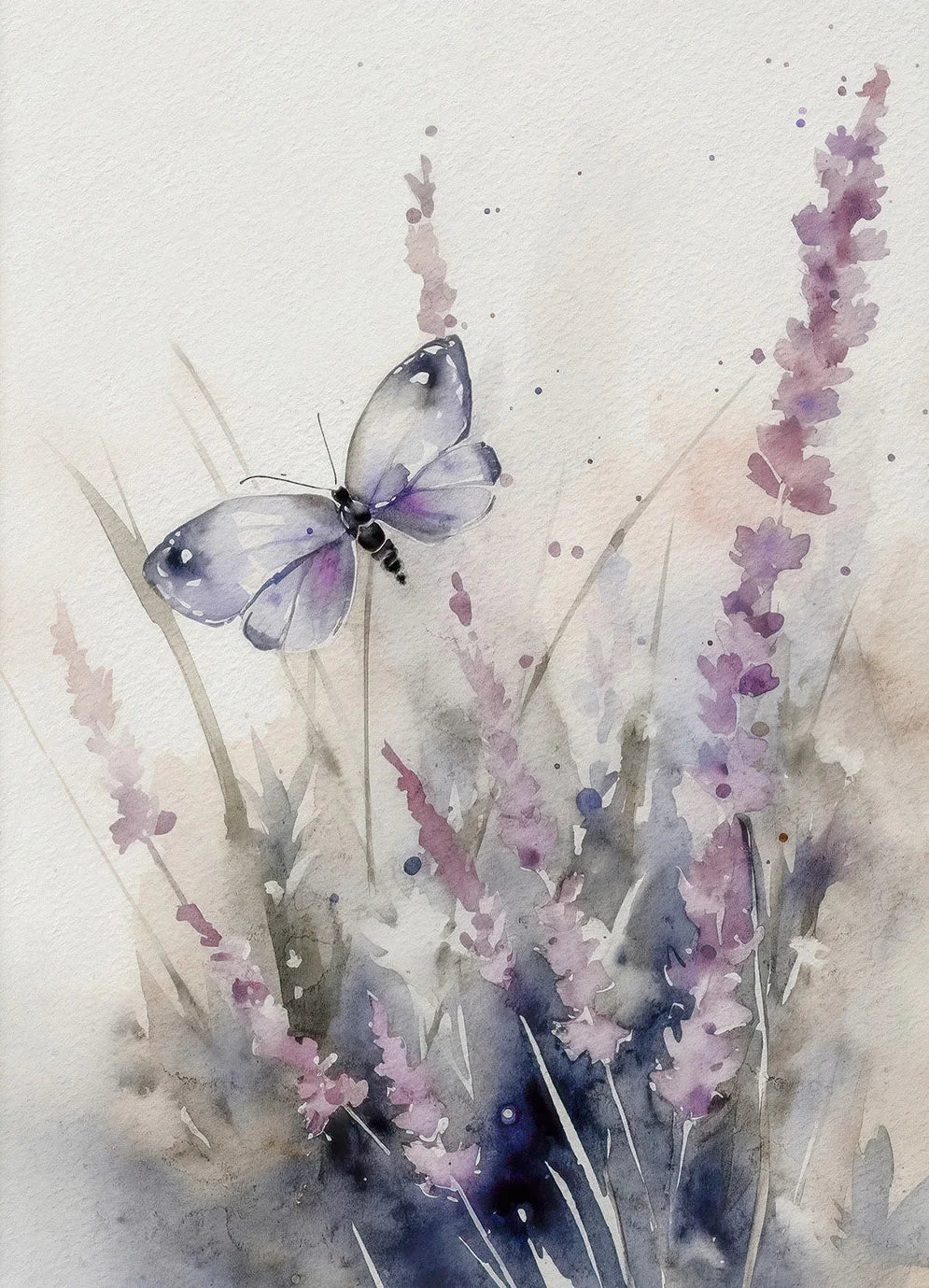 Watercolor painting of a butterfly on lavender flowers with a soft background
