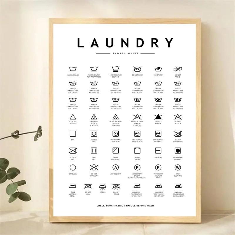Framed laundry symbol guide poster on a beige wall with a plant in the corner.